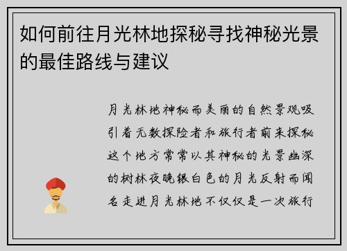 如何前往月光林地探秘寻找神秘光景的最佳路线与建议 如何前往月光林地探秘寻找神秘光景的最佳路线与建议